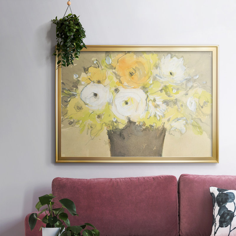 «Table Bouquet I», peinture sur toile encadrée, Toile encadrée dorée avec coins fermés, H 26 po x l 38 po x P 1,5 po