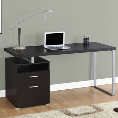 Contemporary 60 Inch Computer Desk With Storage Drawers, Reversible Left Or Right Set-Up, Brown Laminate And Grey Metal Frame