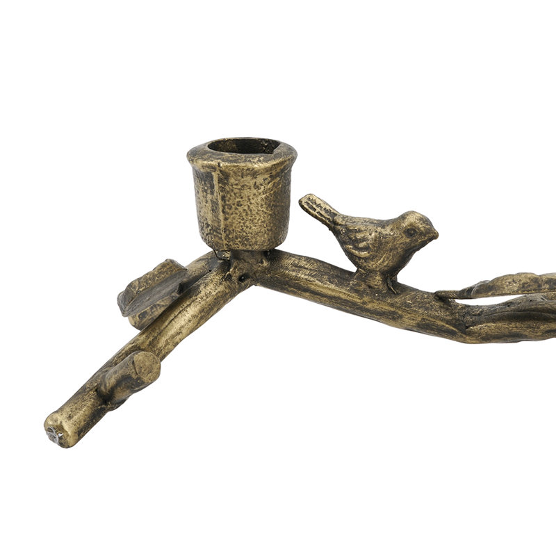 Rustic Iron Branch Candle Holder with Bird Accents, Antique Brass 3-Cup Taper Candelabra for Mantel and Dining Table