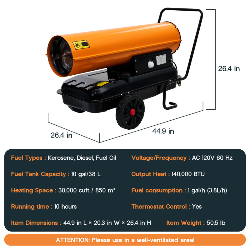 fissfire 140,000 BTU Kerosene Forced Air Heater with Thermostat, Kerosene Space Heater with Wheels, 3000 Sq. Ft., 10 Gal Fuel Tank, Up to 10-Hour Runtime, 40°F–110°F Adjustable Thermostat