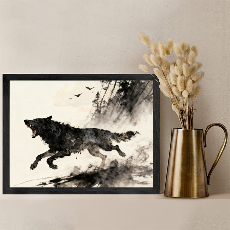 Art noir encadré noir, loups braves, H 9 po x l 11 po