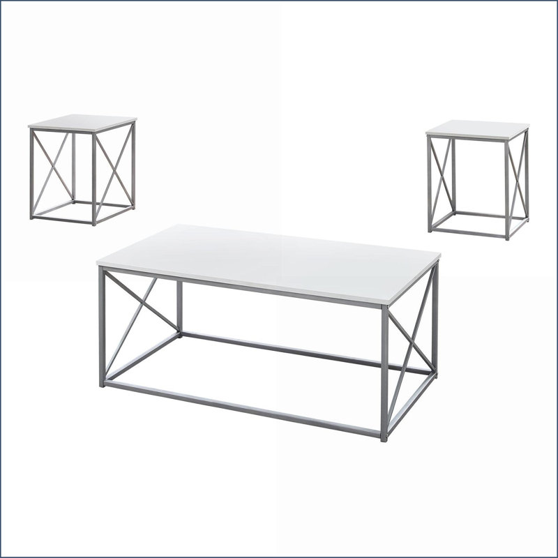 Ensemble de tables basses contemporaines en stratifié blanc avec 2 tables de bout, structure en métal gris, robuste Vaste surface pour le salon