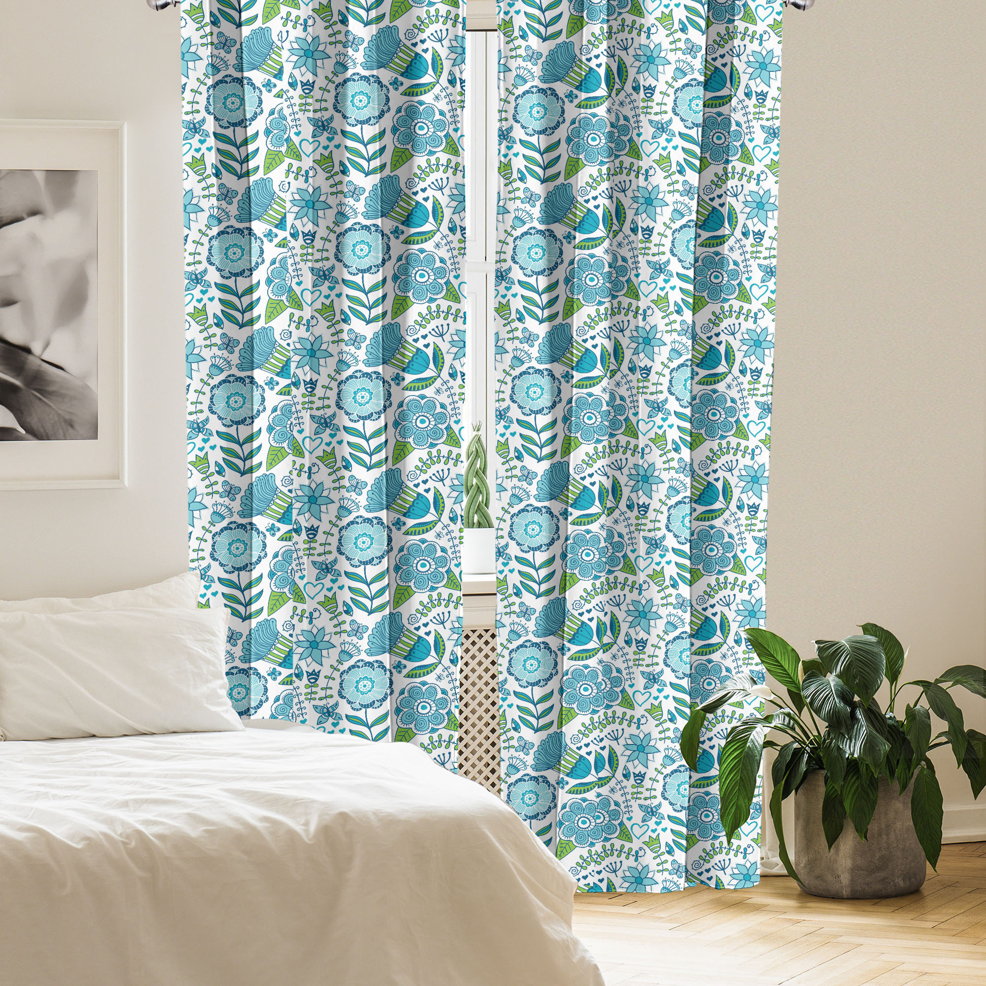 East Urban Home Blue and Green 4-Panel Curtains, Flora Nature Flower