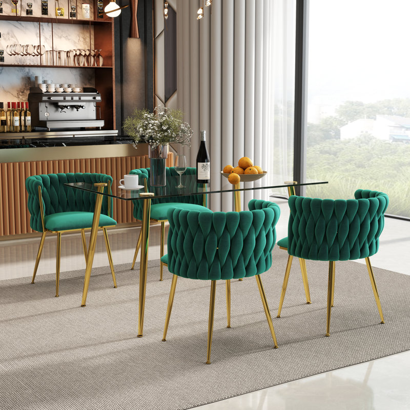 Ensemble de salle à manger rectangulaire moderne avec chaise rembourrée, 5 pièces: table, 4 chaises, Vert/doré, Doré