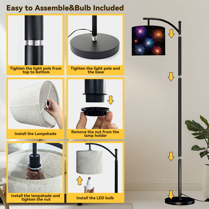 Arc Floor Lamp Colorful Fireworks Display Night Sky Vibrant Blue Purple Orange Colors Floor Lamps with Remote LED Lights Adjustable Lamp Shades Tall Standing Lamps for Reading Office Living Room