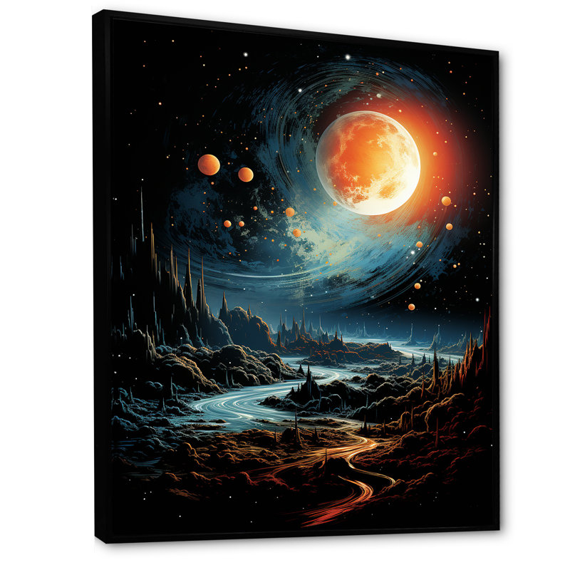 Orange et vert, planète I, espace, art mural, Cadre flottant noir, H 40 po x l 30 po x P 1,5 po