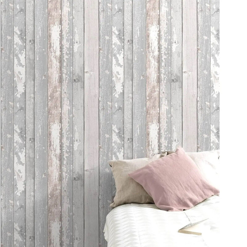 Wye Rustic Painted Wood Panel Effect Pale Blush Pink Grey Wallpaper 10m x 53cm Roll
