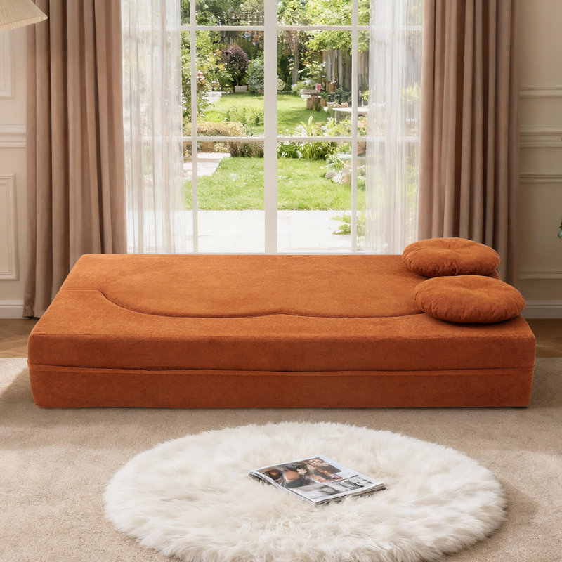 Boneless Lychee Velvet Folding Sofa Bed,No Assembly Required,Sleeper with Pillow, Orange Velvet