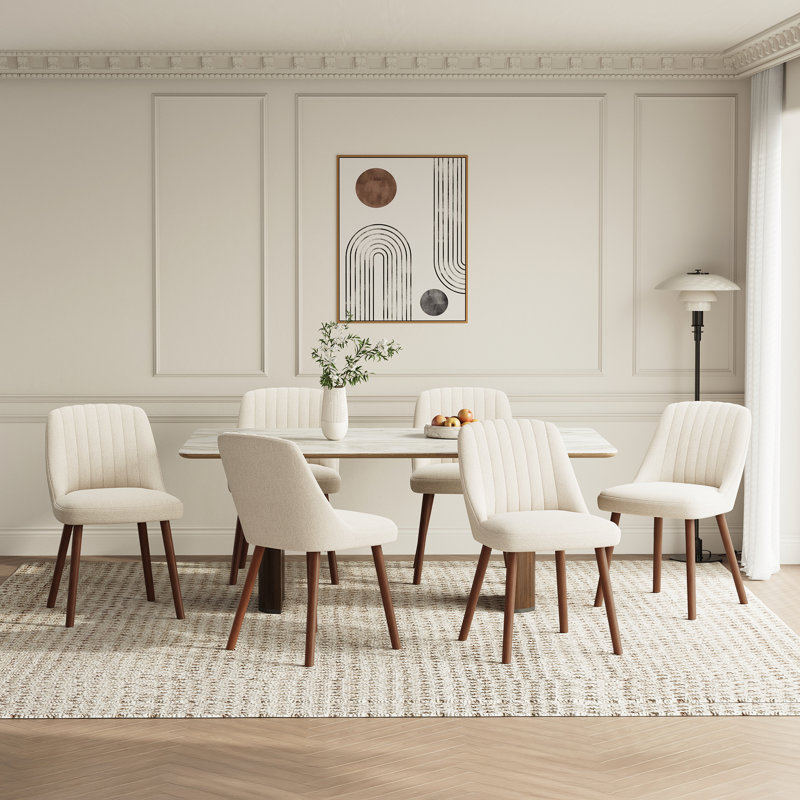 Modern Channel Tufted Upholstered Dining Chairs with Solid Wood Legs, Beige