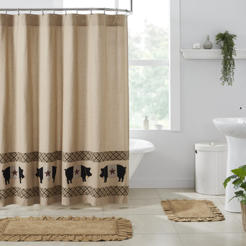 Cider Mill Khaki and Green Cotton Primitive Pig Shower Curtain 72x72