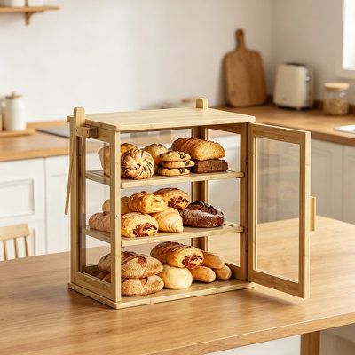 Bamboo Bread Box for Kitchen Countertop, Large 3-Layer Bread Storage Container with Transparent Window, Farmhouse Bread Organizer for Homemade Bread, Fruits, and Pantry