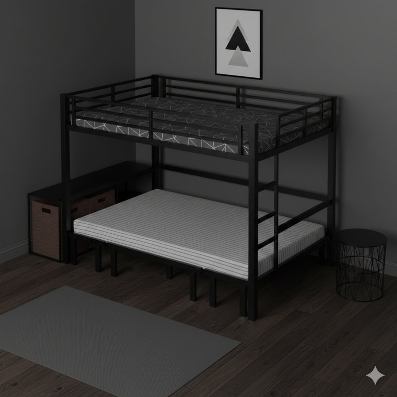 Grand lit superposé en métal avec mécanisme coulissant Le lit inférieur se prolonge en trois sections. Le lit supérieur comprend des rails de sécurité. Finition noire.