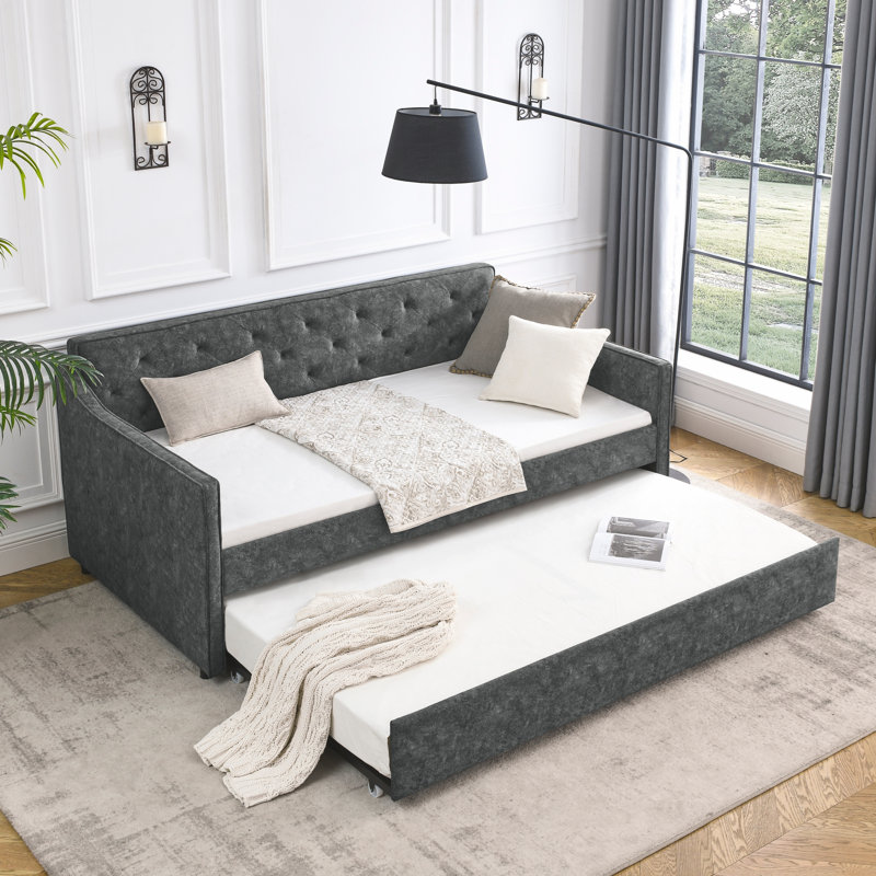 Twin Size Daybed with Twin Size Trundle Upholstered Tufted Sofa Bed,  Waved Shape Arms, Gray
