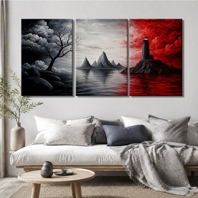 Tableau sur toile représentant un phare mélancolique, un lac de montagne et un paysage d'arbres dénudés, idéal pour le salon ou le bureau.