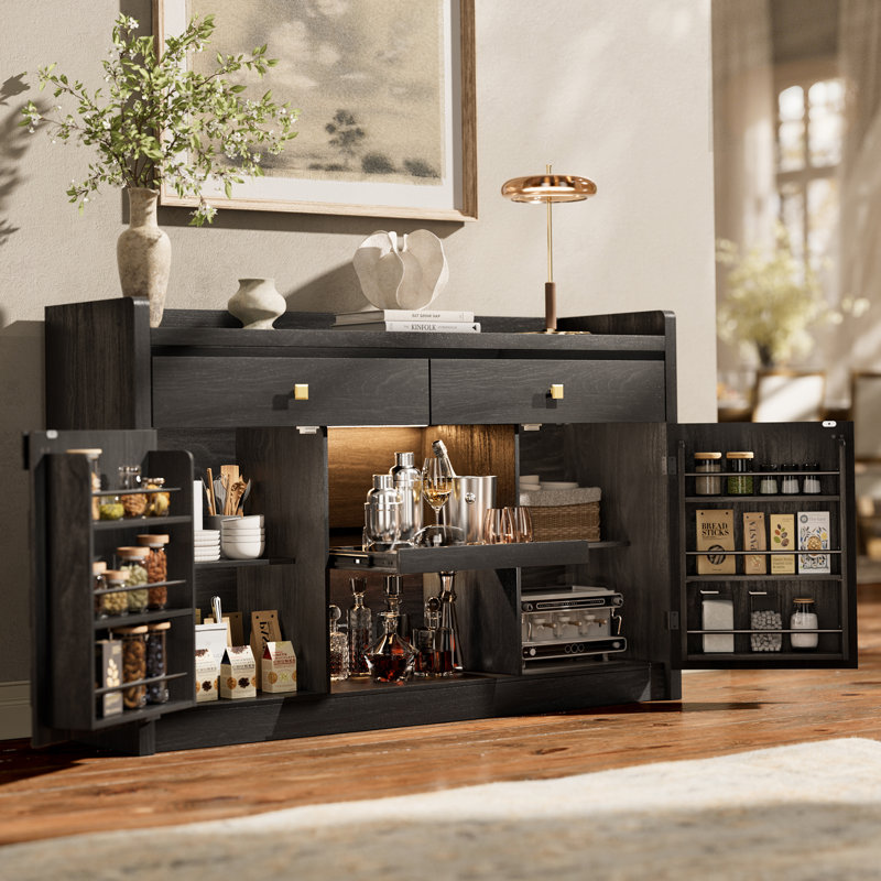 Buffet de 55 po avec station de charge et éclairage à DEL, armoire à café avec tiroirs, tablette coulissante et porte, armoire de rangement moderne pour la cuisine, la salle à manger