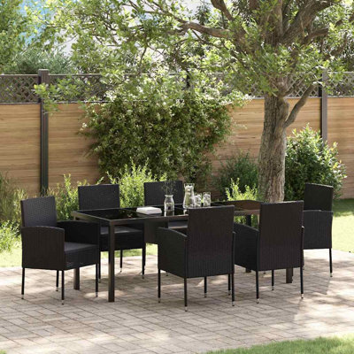  Ensemble de salle à manger de jardin avec coussin 7 pièces en rotin de polyester noir