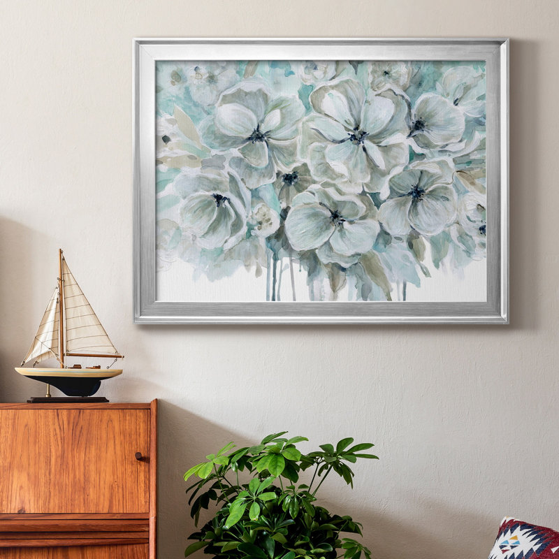 Bleu sarcelle harmonie I - peinture encadrée, H 30,5 po x l 42,5 po x P 1,5 po, Toile avec cadre argenté, Pas de tapis