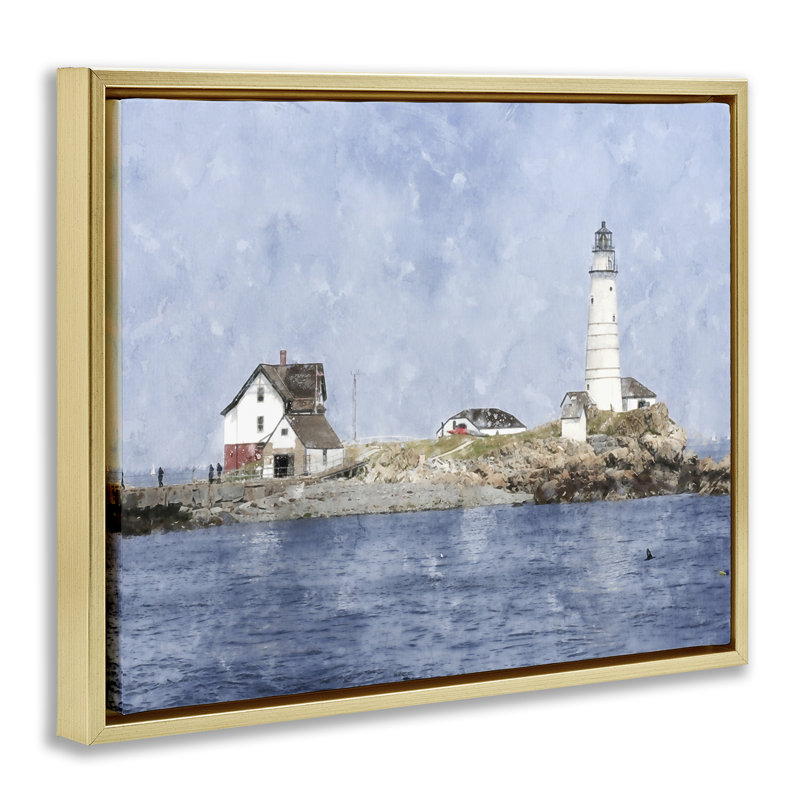 Cadre flottant pittoresque avec îlot de phare, design par Kim Curationa, Cadre flottant métallique doré, H 17 po x l 21 po