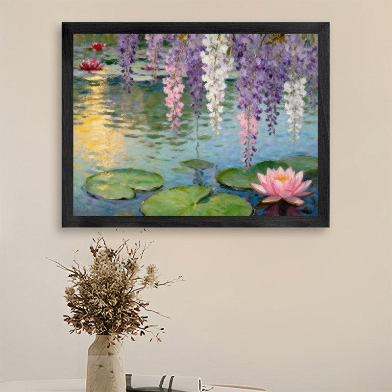 Reproduction d'art encadrée noire de fleurs de glycine rétro reflétée sur l'eau, H 25 po x l 17 po