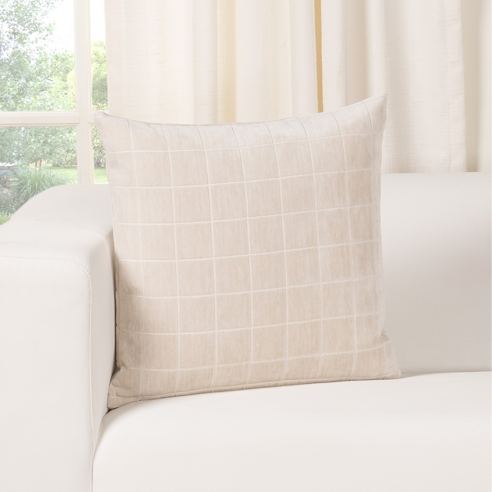 Otterville Velvet Grid Throw Pillow, Cream Geometric, Polyester, 26"H x 26"W