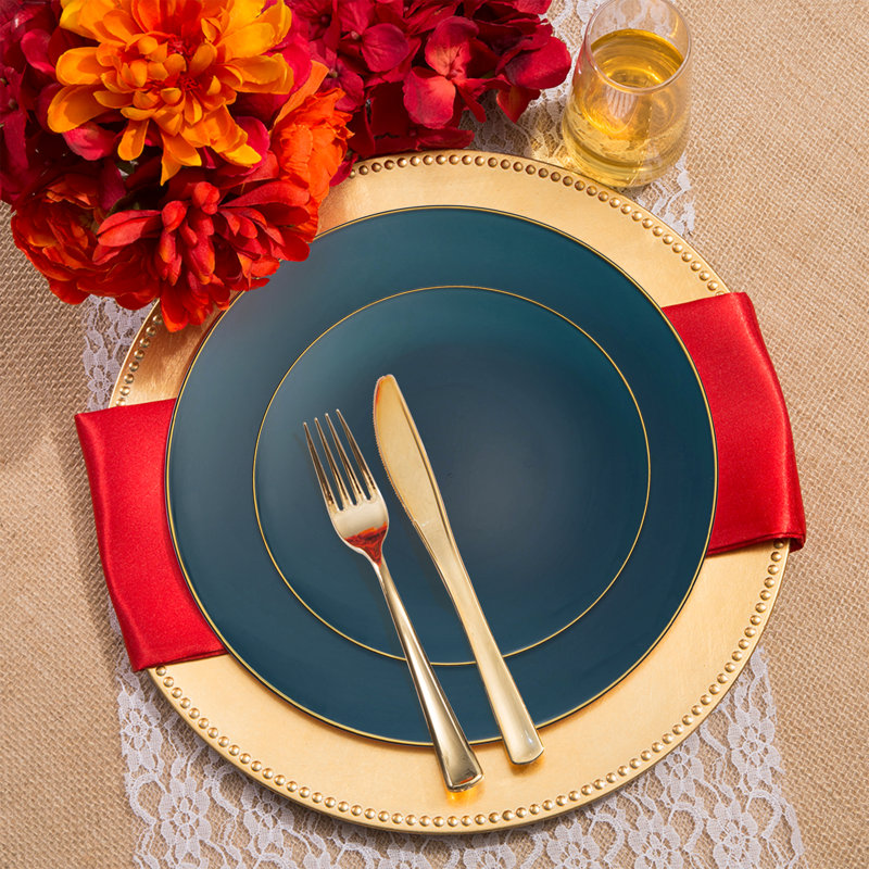 Ensemble de 60 pièces en plastique jetable rond, bleu marine avec bordure dorée, de couleur organique.