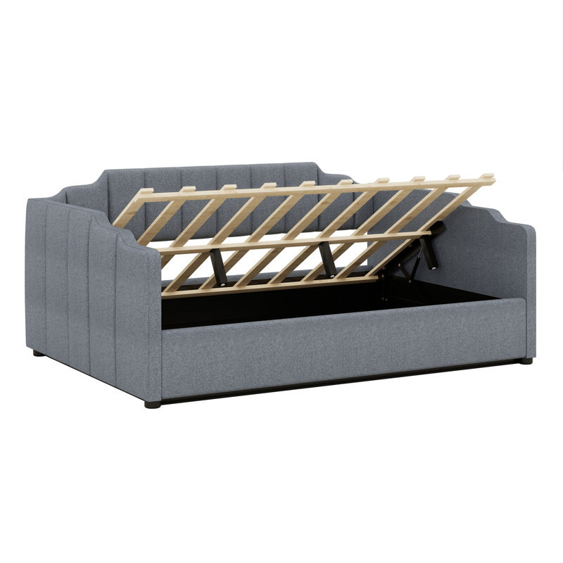 Lit de jour rembourré avec rangement inférieur, Gris, Lit double