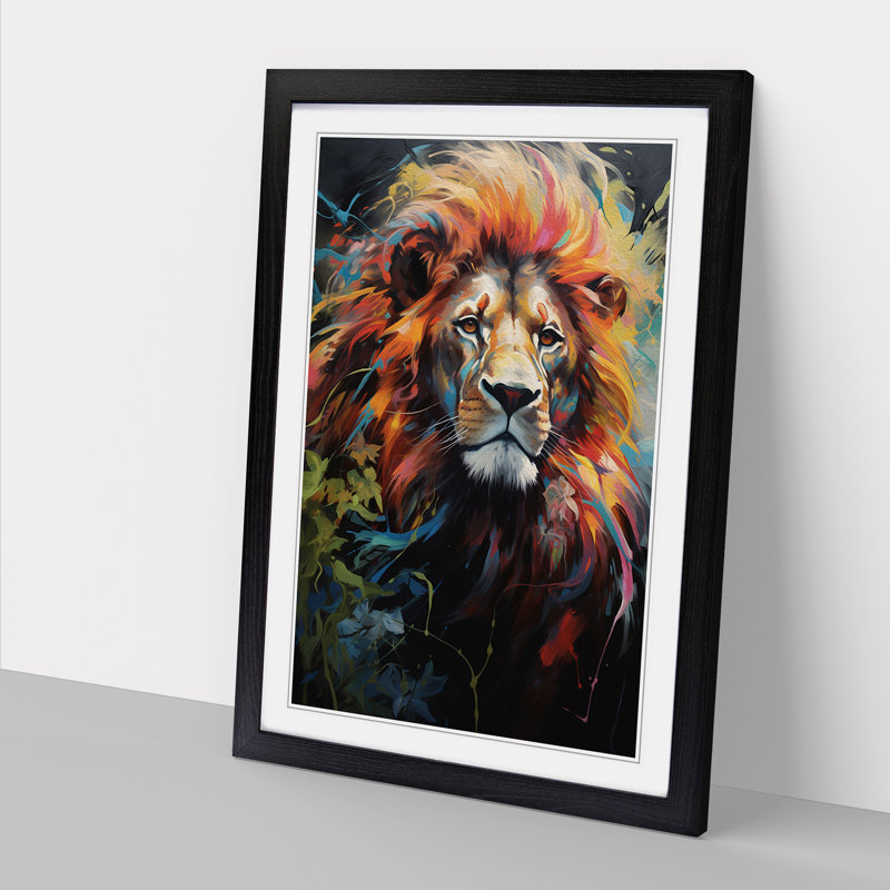 Lion Hard Edge - Single Picture Frame Print on Wood, 64cm H x 46cm W x 2cm D, Black