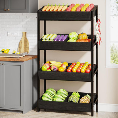 Wood Fruit And Vegetable Basket Stand Rack For Kitchen, Office, Store, Supremarket, Pantry Shelf Unit For Snacks, 4-Tier Wooden Utility Storage Shelves
