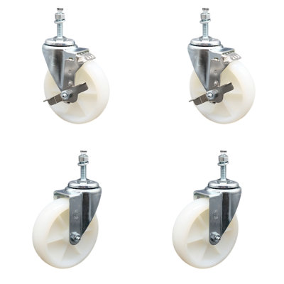 5 Inch SS Nylon Wheel Swivel 10mm Threaded Stem Caster Set 2 Brakes SCC