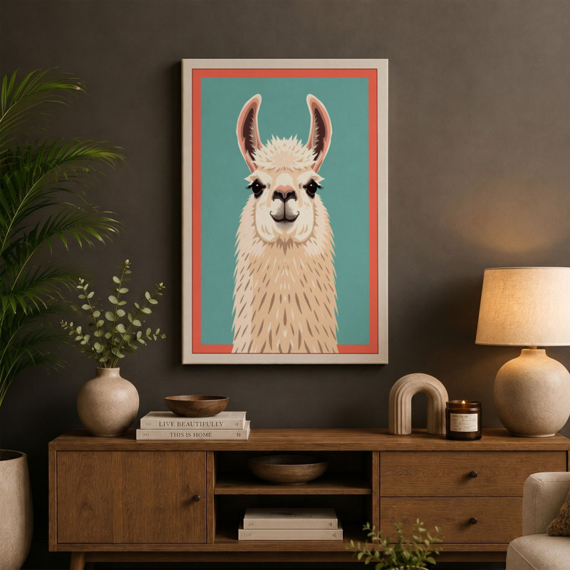 Serene Llama Modern - Wrapped Canvas, 18x12 - 45.7 x 30.5 cm, Teal Border