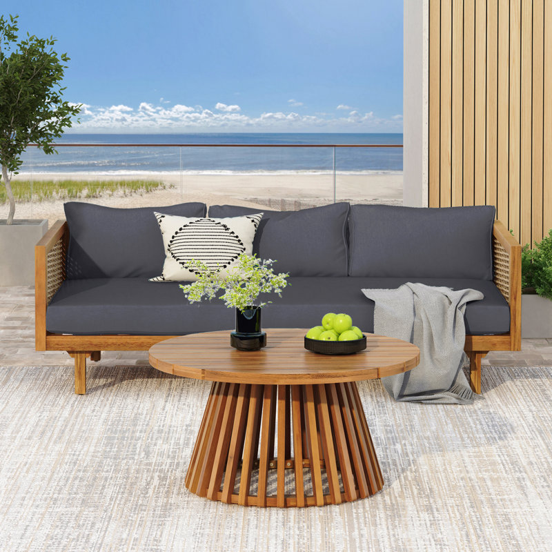 3 Seater Daybed With Arms, Dark Grey Cushion, Wood Build, Slat Panel Design On Seat And Back, Water- Cushioning, 24.03” Product Height, Assembly Required Outdoor , Base, Seating 31.39” D,