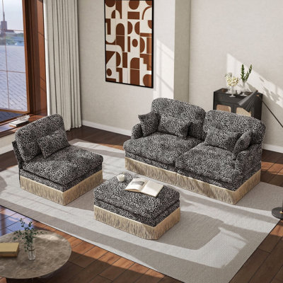 Ensemble de canapé modulaire moderne et élégant; Canapé en L 4 places à imprimé léopard en chenille avec frange élégante; Parfait pour les salons, les chambres et les espaces de réception