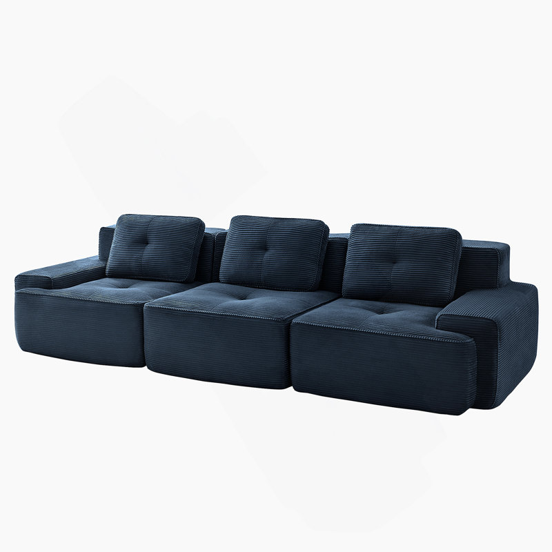 Canapé modulaire moderne de 117 pouces, tissu en velours côtelé, canapé 3 places surdimensionné avec assise profonde, passepoil perlé, conception capitonnée, connexion par boucle, sans assemblage, conception antidérapante, bleu