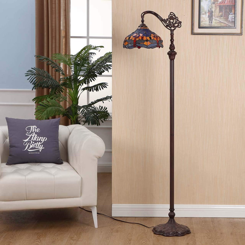 Tiffany Style Stained Glass Floor Lamp With Adjustable Light Direction, Handmade Metal Base, Wide Lampshade For Reading And Decoration