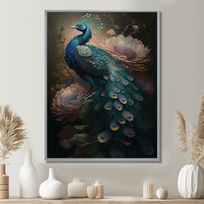 Peacock with Flowers - Print on Canvas, 20" H x 12" W, Floater Framed Print, Silver