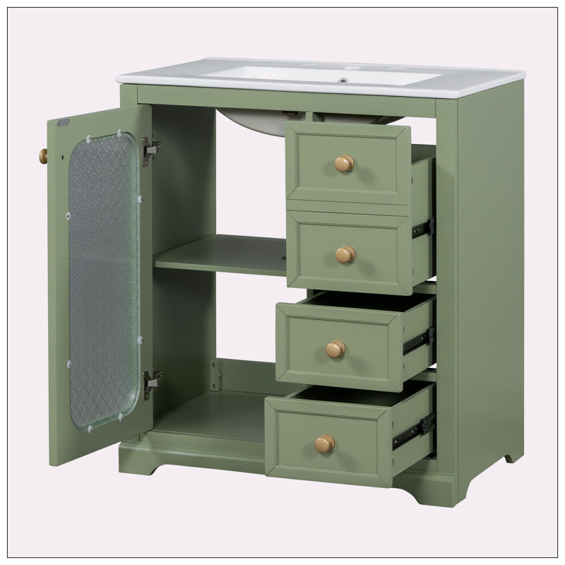Meuble-lavabo de 30 po avec porte en verre à fermeture en douceur, Vert