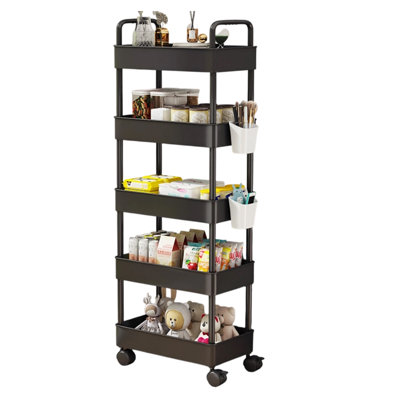 Black Slim 5 Tier Rolling Storage Trolley Cart Space Saving Utility Shelf with Removable Side Baskets and Mobile Wheels for Kitchen Bathroom Laundry Office