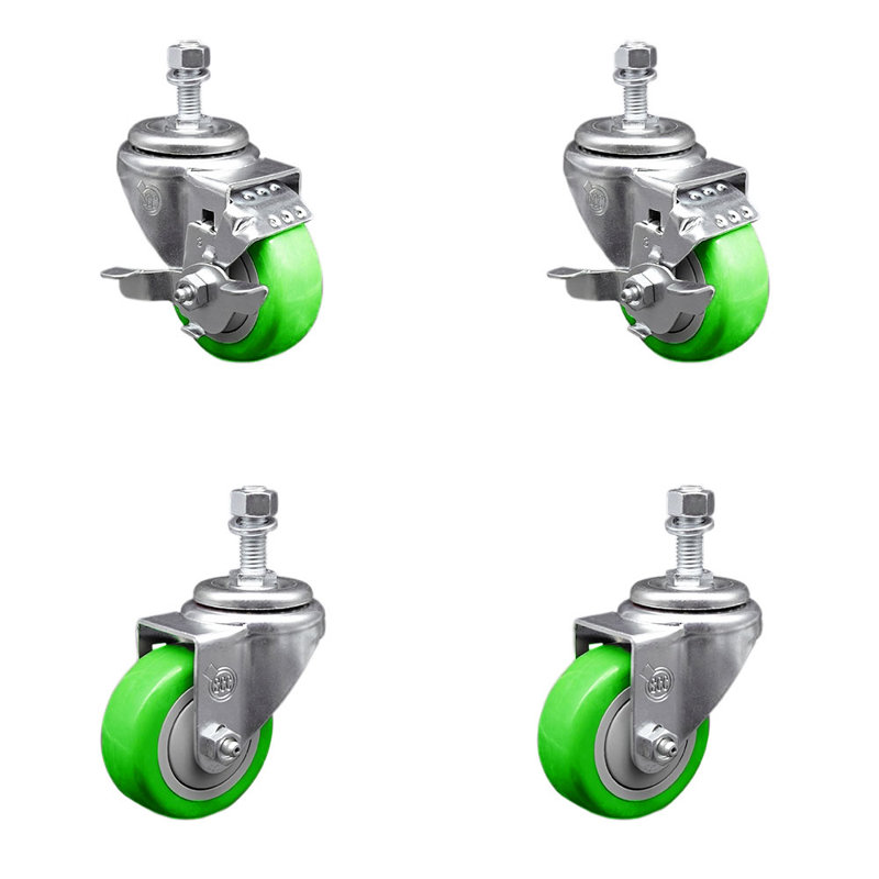 Ensemble de roulettes à tige filetée en polyuréthane pivotant vert 3 mm 3 pouces et 2 freins SCC