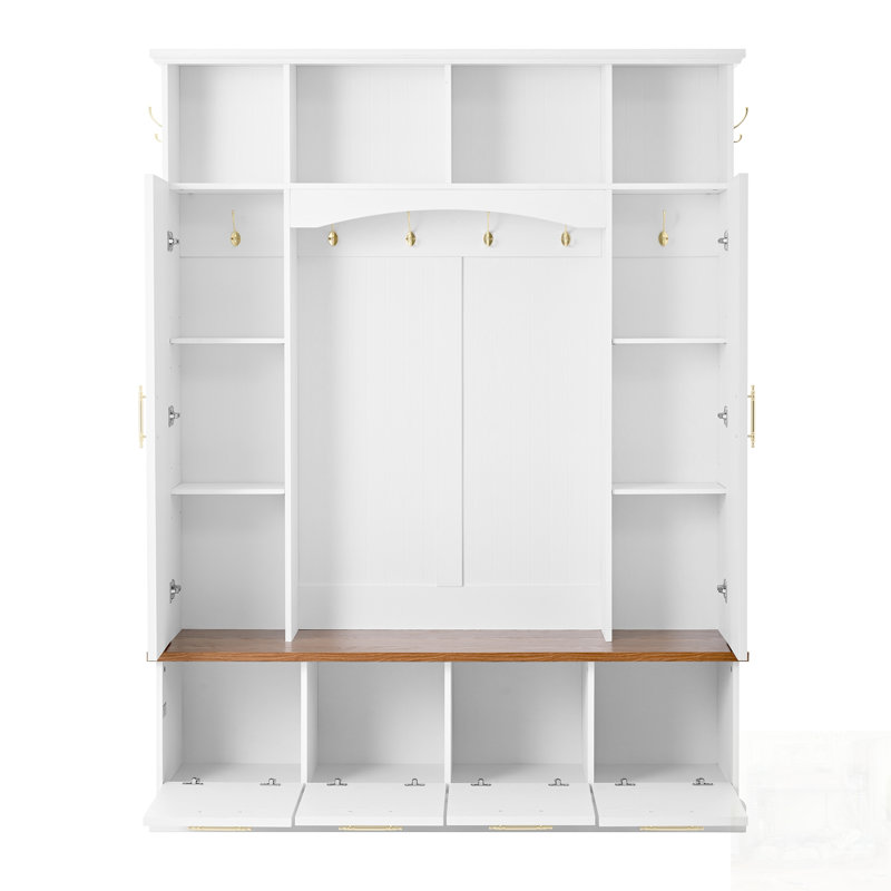 4-IN-1 Elegant Hall Tree With Golden Hooks & Handles, Practical Entryway Walnut Bench With Adjustable Shelves, White