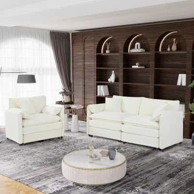Beige 2 pièces, design moderne. Revêtement en chenille, canapé et fauteuil de bureau spacieux. Sièges, coussins à deux couches, appartement dans la chambre à coucher