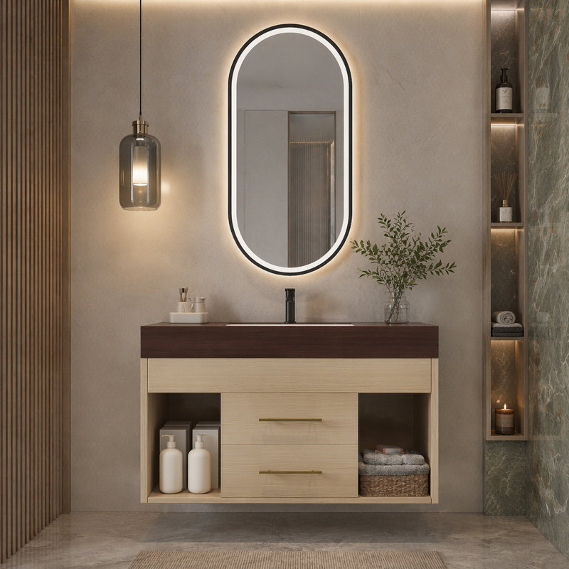 Ensemble de meuble-lavabo mural flottant 29,9 po, Walnut, Brown
