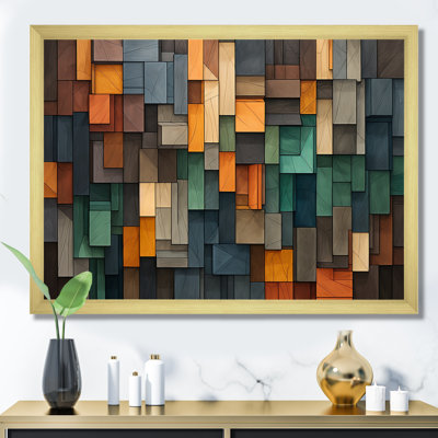 Green and yellow Mosaic Cubes Rain - Abstract Tile Framed Prints