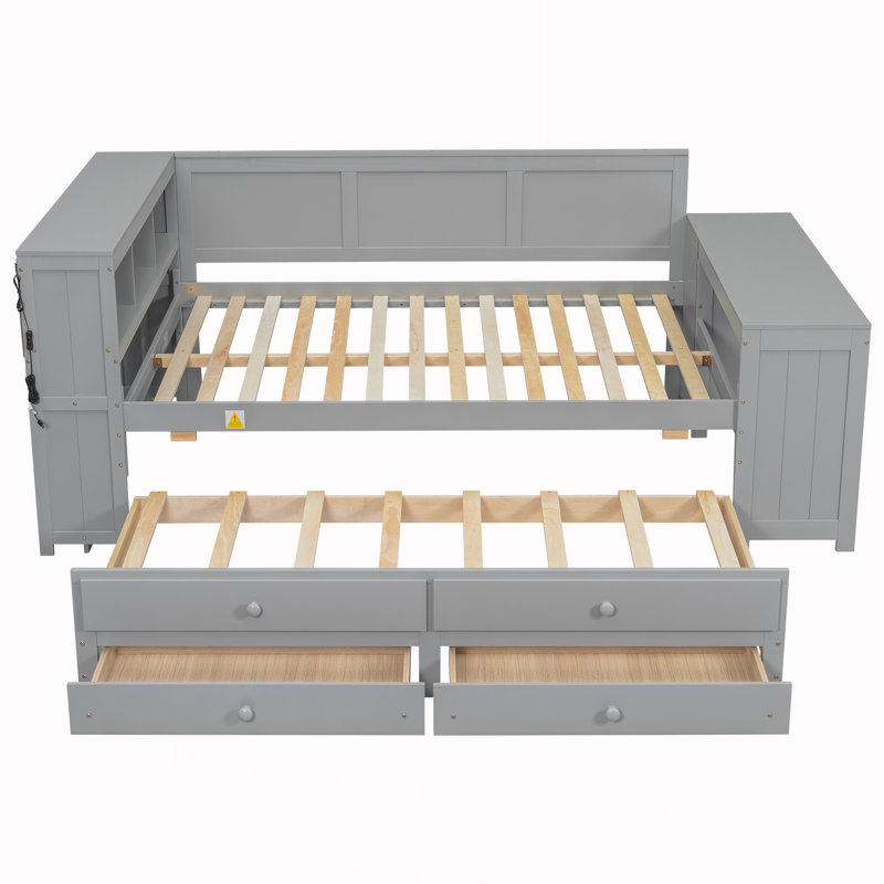 Lit de jour double avec tablettes de rangement, gris