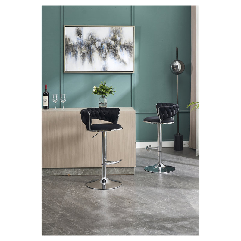 Ensemble de 2 tabourets de bar, avec repose-pieds chromé et base pivotante en velours à hauteur réglable et tabouret de bar simple chromé - Noir