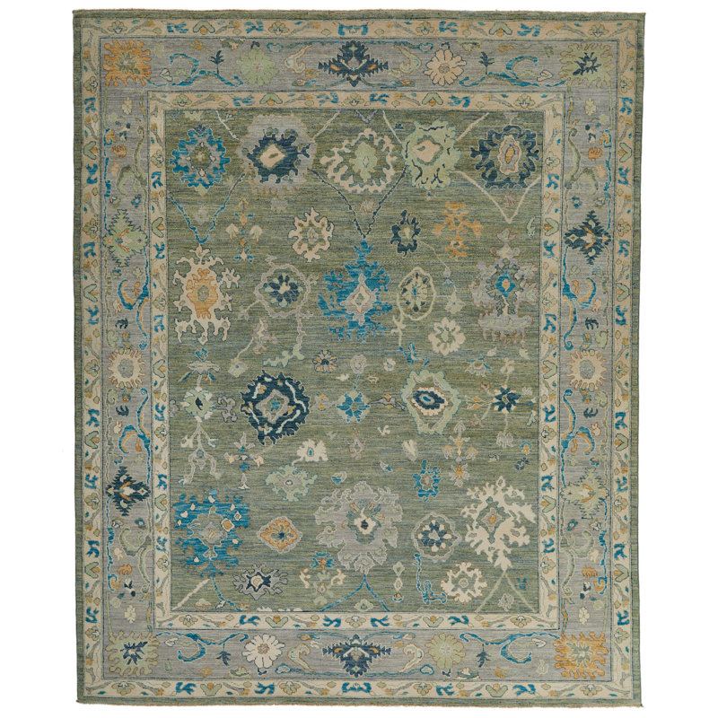 Tapis turc vert et ivoire 8 x 10 8 po