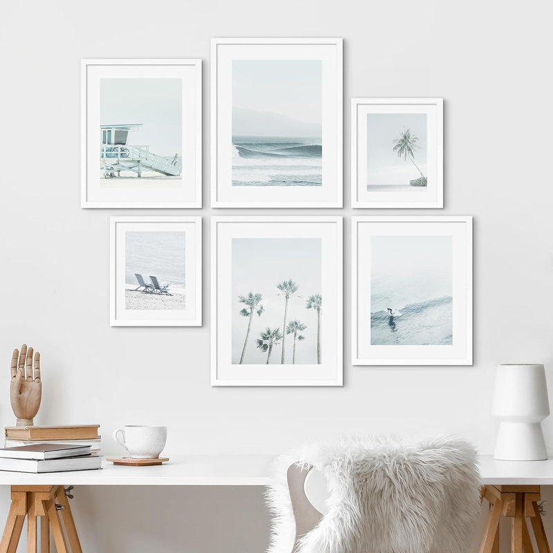 " Collage Ocean Beach Landscapes " 6 - Pieces, White Framed
