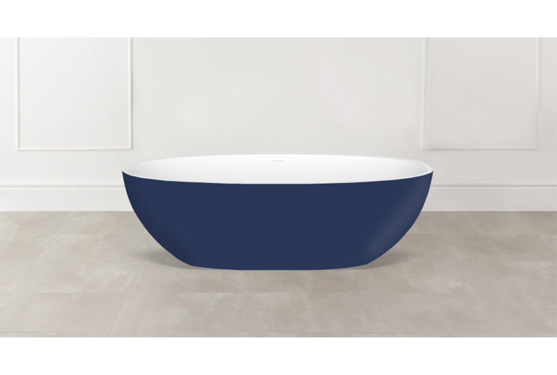 Barcelona 66.875" x 31.75" Freestanding Soaking Bathtub in Volcanic Limestone with Overflow Hole, Sapphire Blue