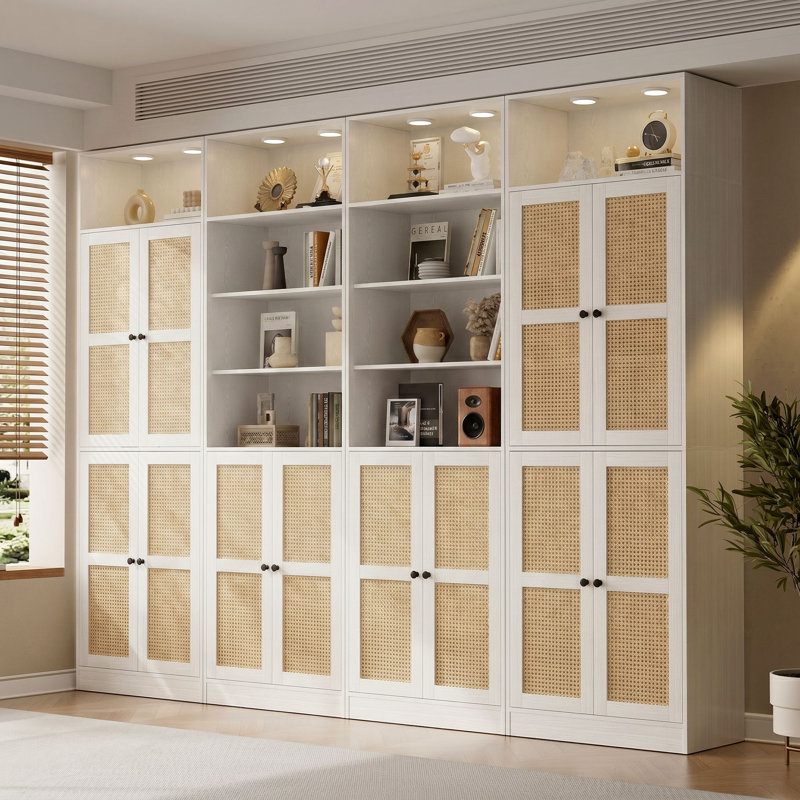 85.8" H X 94.4" W 7-Tier Large Rattan Storage Bookcase, Bookshelf With White Downlights