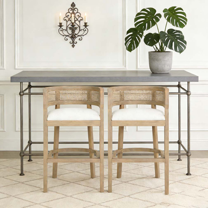 Wood And Rattan Upholstered Arm Bar Stools, Beige,Natural Ash
