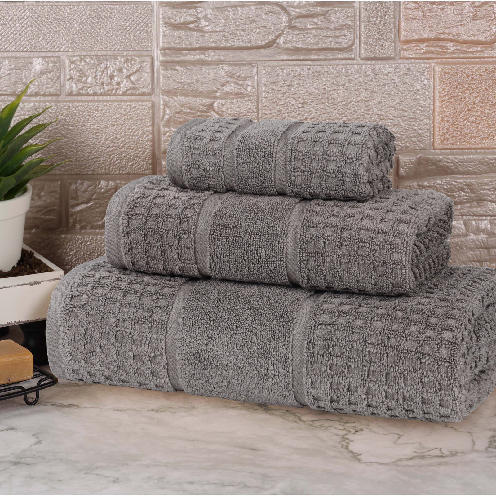 Hisela 3-Piece Waffle Cotton Towel Set, Charcoal, 3 Piece Towel Set